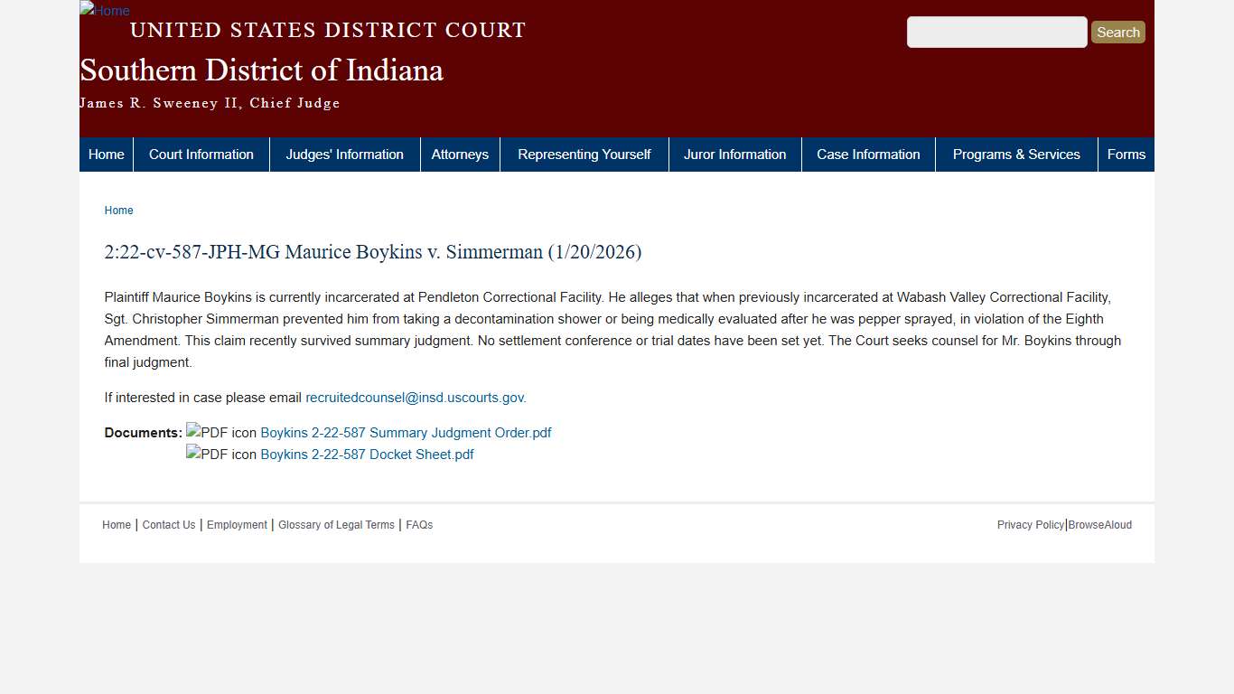 2:22-cv-587-JPH-MG Maurice Boykins v. Simmerman (1/20/2026) Southern District of Indiana United States District Court