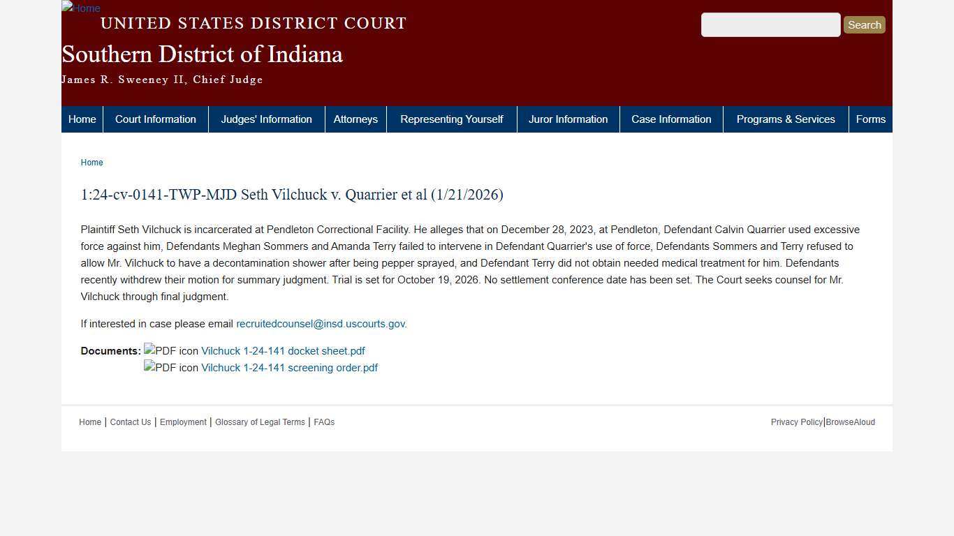 1:24-cv-0141-TWP-MJD Seth Vilchuck v. Quarrier et al (1/21/2026) Southern District of Indiana United States District Court